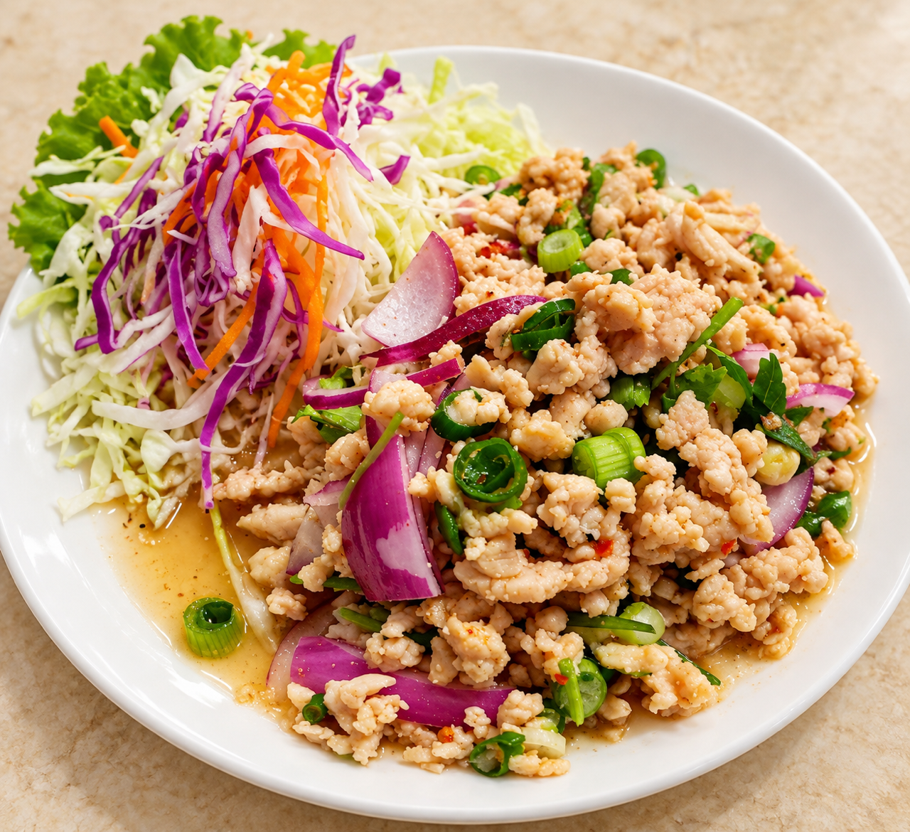 Larb — Thai minced meat salad with fresh herbs, lime, and toasted rice